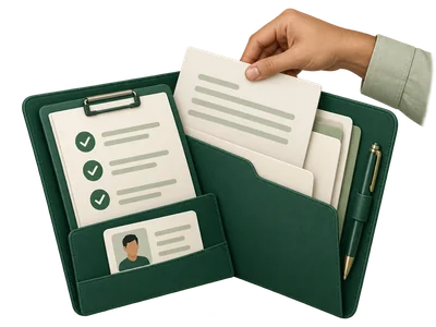 A green document organiser with a checklist and application papers