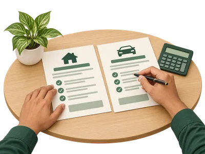 Two loan documents being compared on a desk with a calculator