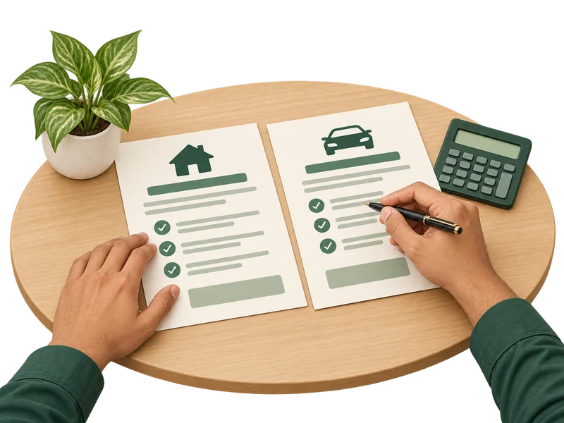 Two loan documents being compared on a desk with a calculator