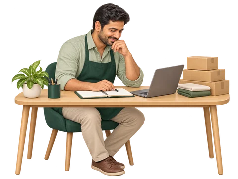 A small business owner with business records and a green storefront